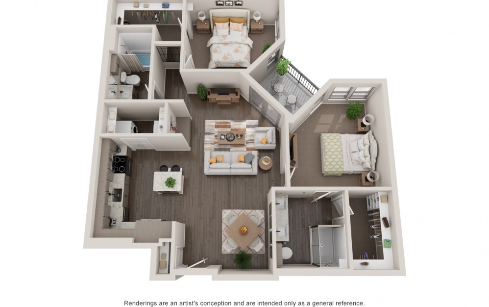 Bedford - 2 bedroom floorplan layout with 2 baths and 1165 square feet.