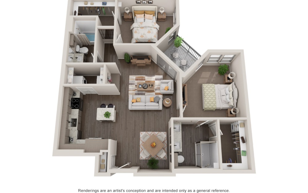 Bedford - 2 bedroom floorplan layout with 2 bathrooms and 1165 square feet