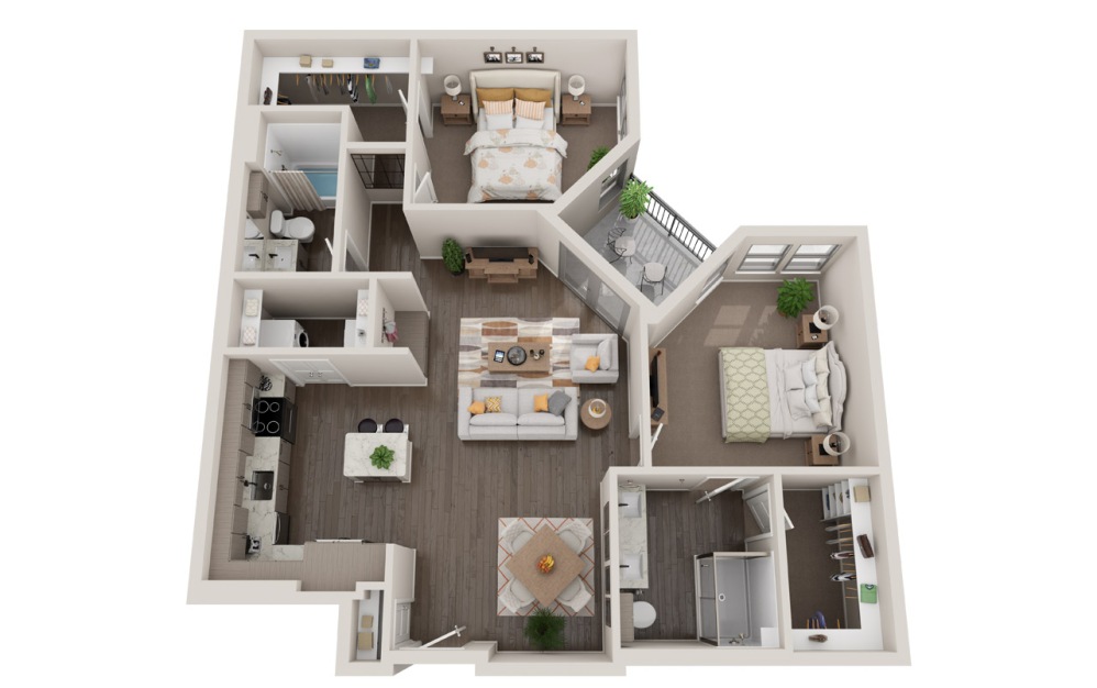 Bedford - 2 bedroom floorplan layout with 2 bathrooms and 1165 square feet