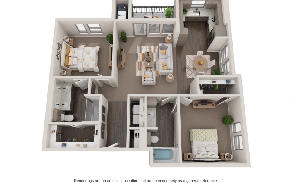 Essex - 2 bedroom floorplan layout with 2 baths and 1199 square feet.