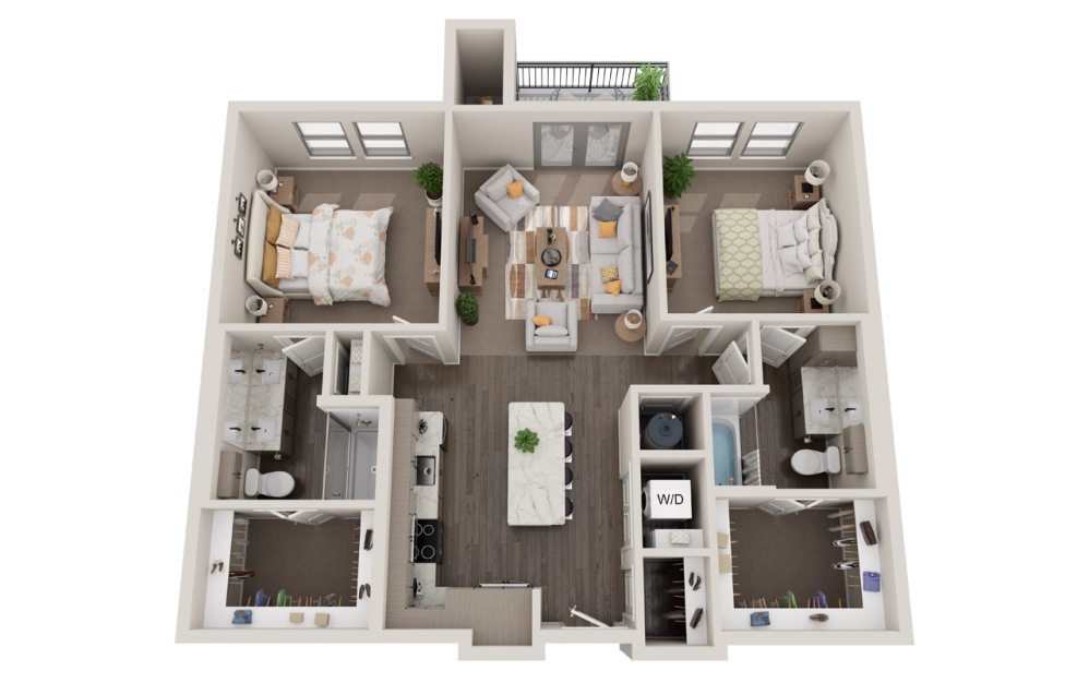 Hampton - 2 bedroom floorplan layout with 2 bathrooms and 1102 square feet