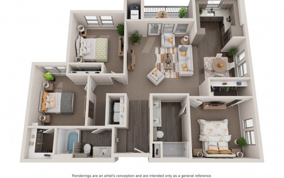 Windsor - 3 bedroom floorplan layout with 2 baths and 1395 square feet.