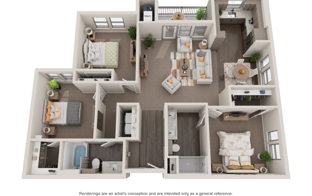 Windsor - 3 bedroom floorplan layout with 2 bathrooms and 1395 square feet